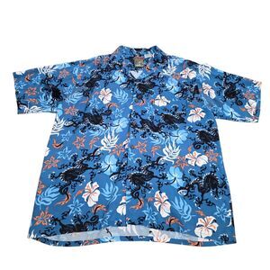Pineapple Connection Dragon Hibiscus Hawaiian Shirt Large Blue Rayon Tribal Surf